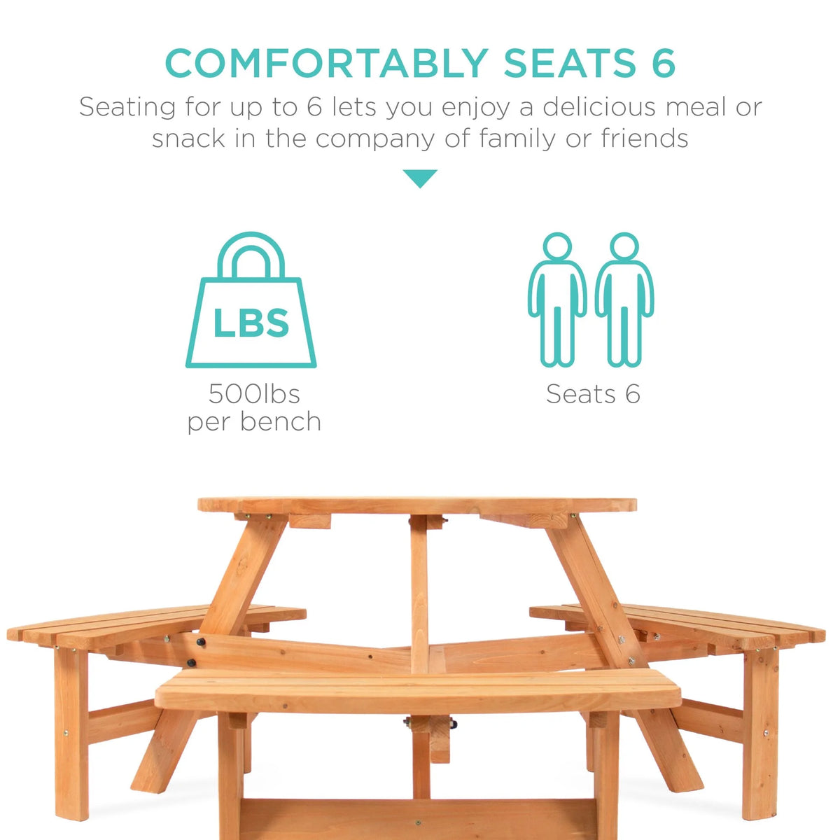 6-Person Circular Wooden Picnic Table with 3 Built-In Benches M146852
