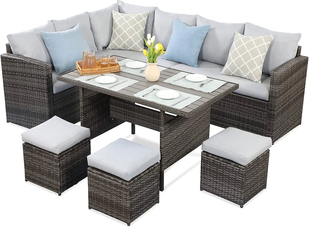 7 Piece Outdoor Dining Sectional Sofa with Dining Table and Chair X423795