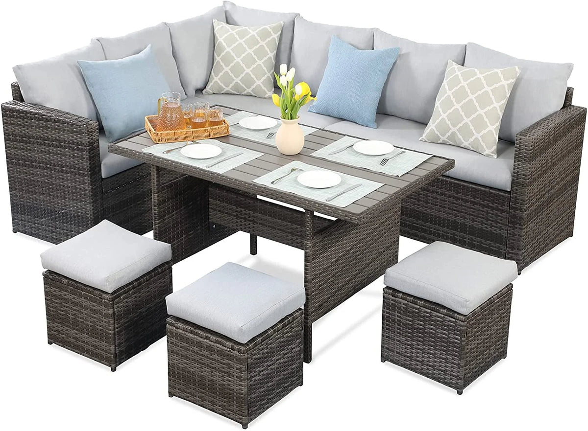 7 Piece Outdoor Dining Sectional Sofa with Dining Table and Chair X423795