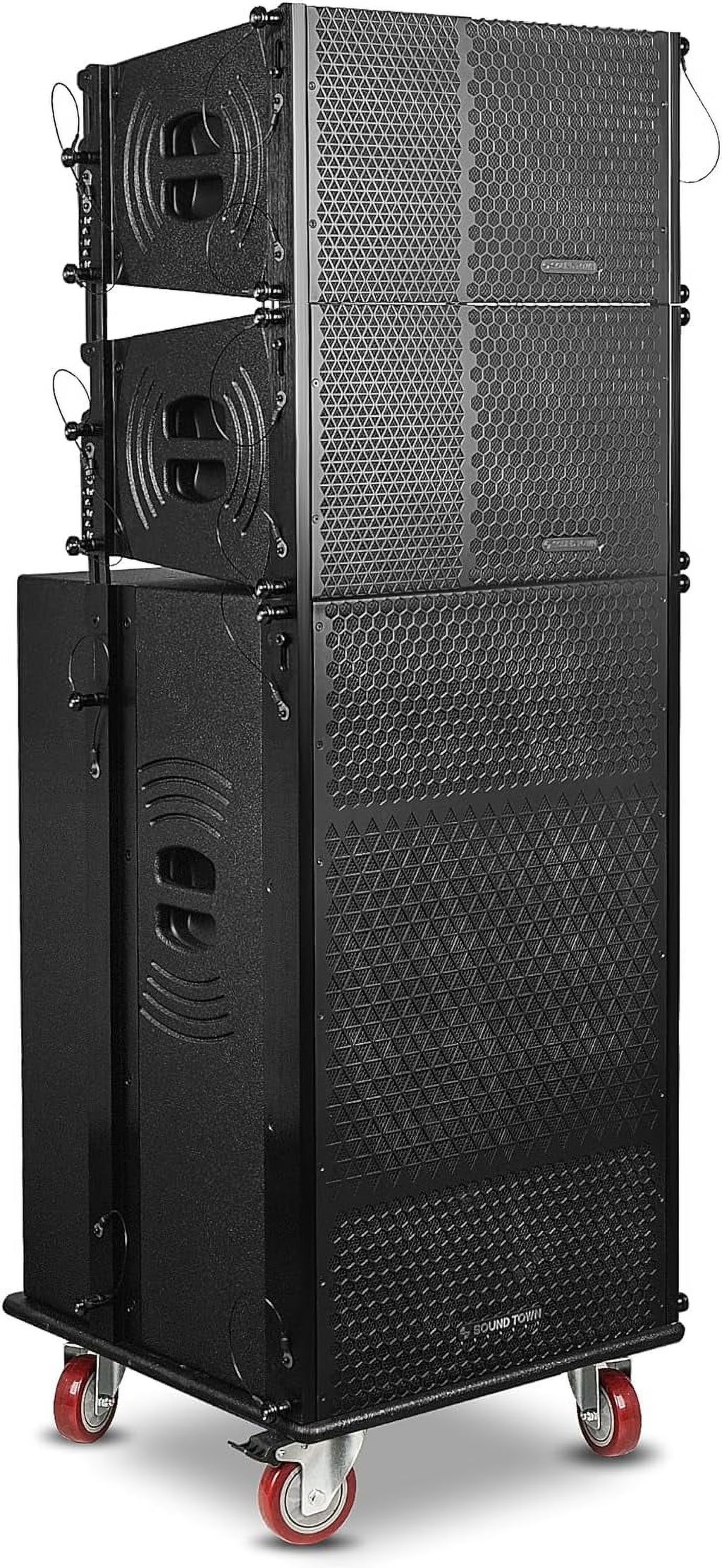 Black Powered Line Array Speaker System with Dual 15-inch Subwoofer and Two 10-inch Speakers T2804