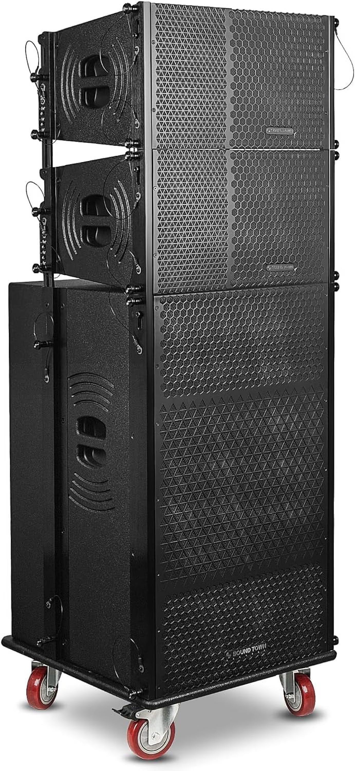 Black Powered Line Array Speaker System with Dual 15-inch Subwoofer and Two 10-inch Speakers T2804