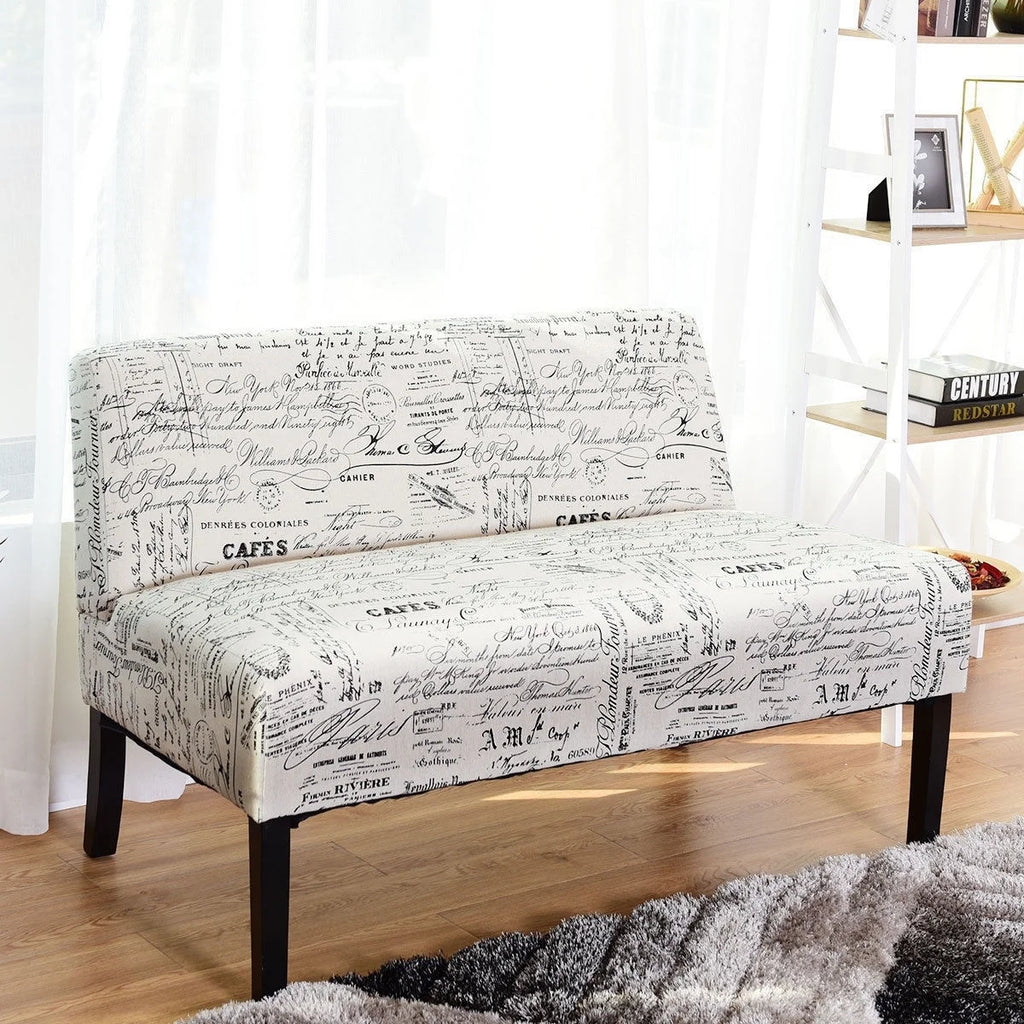 Off-White Cursive Pattern Loveseat Sofa with Black Wood Legs Y418617