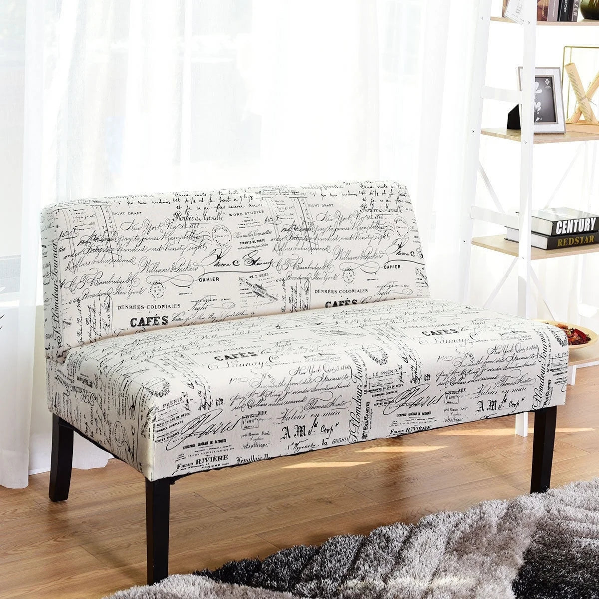Off-White Cursive Pattern Loveseat Sofa with Black Wood Legs Y418617