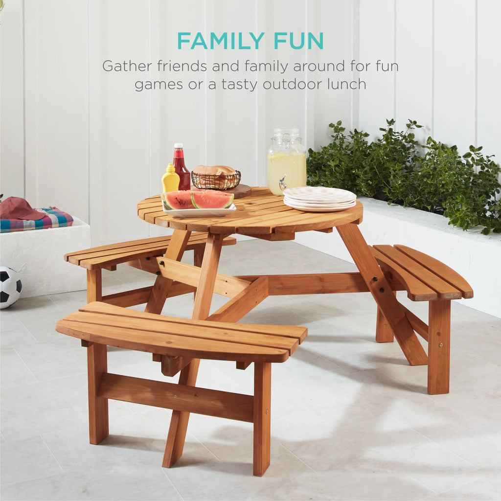 6-Person Circular Wooden Picnic Table with 3 Built-In Benches M146852