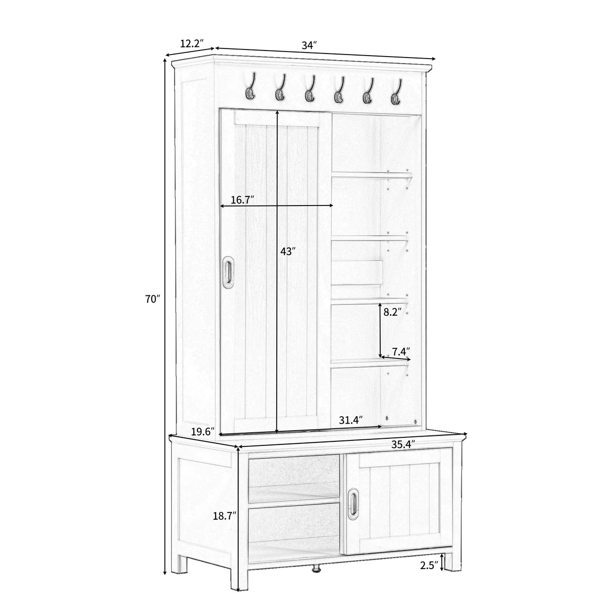 White Wooden Hall Tree with Sliding Doors and Storage Bench S11197