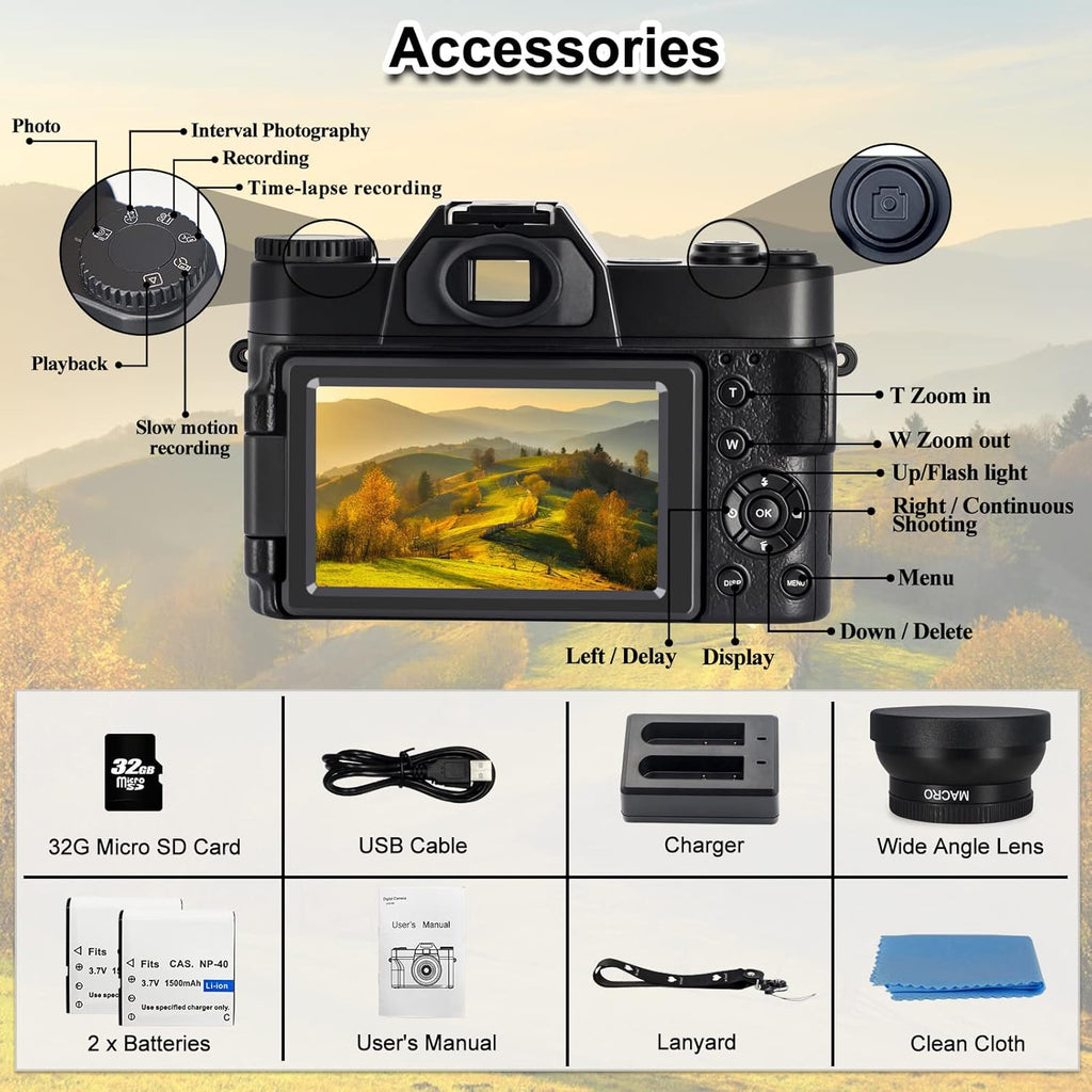 4K 48 MP WiFi Digital Camera with 16X Digital Zoom 3.0 Inch Flip Screen (32GB & 2 x Batteries) J686004