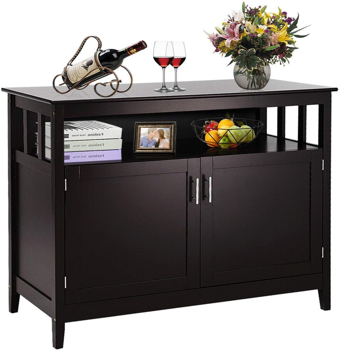 Espresso Wood Kitchen Storage Cabinet Buffet with Adjustable Shelf T386402