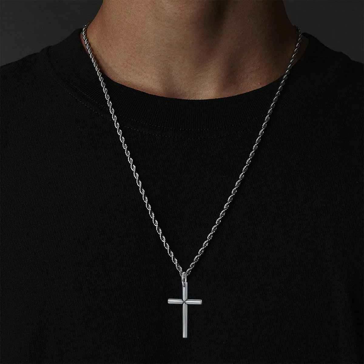 Sterling Silver Cross Pendant Necklace Cuban Chain Necklace Rope Chain Necklace B34407