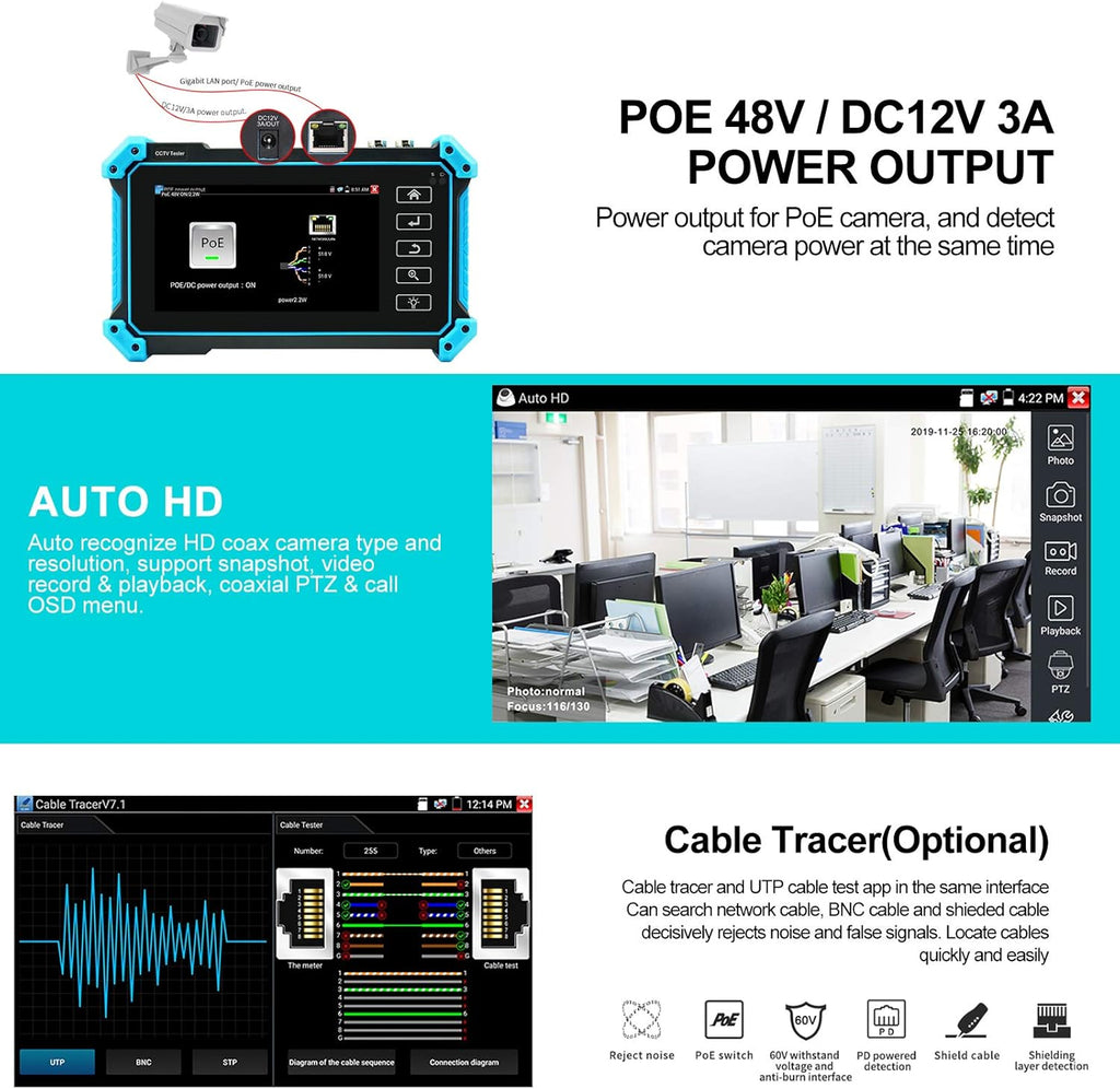 IPC Camera Tester 8MP AHD CVI TVI SDI CVBS IP Camera Test 4K HD Display 5inch IPS Touch Screen Support POE PTZ WiFi RS485 HDMI & VGA Input DC12V Output B61019