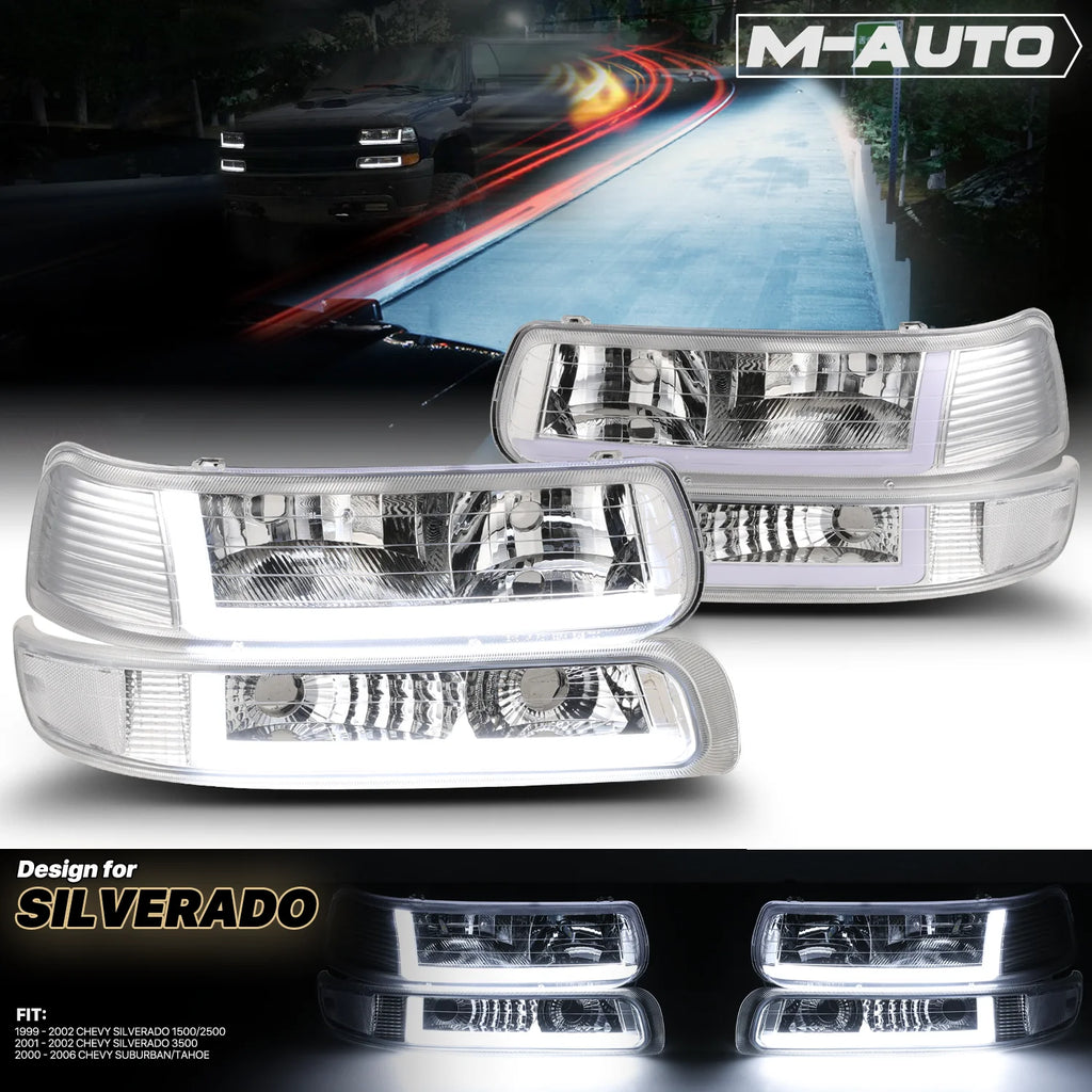 Headlights Assembly with LED Tube DRL for Chevy Silverado Suburban Tahoe Truck F59596