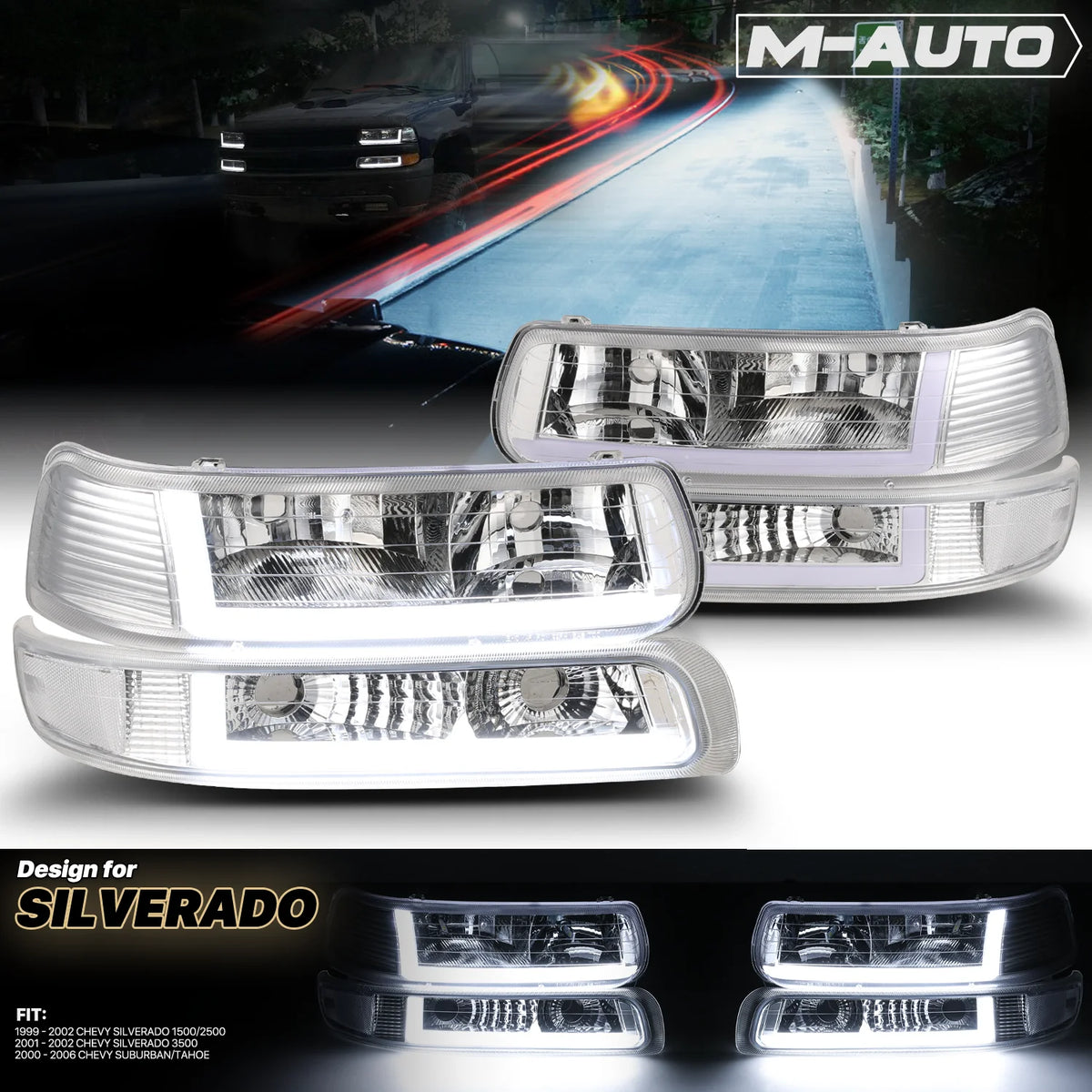 Headlights Assembly with LED Tube DRL for Chevy Silverado Suburban Tahoe Truck F59596