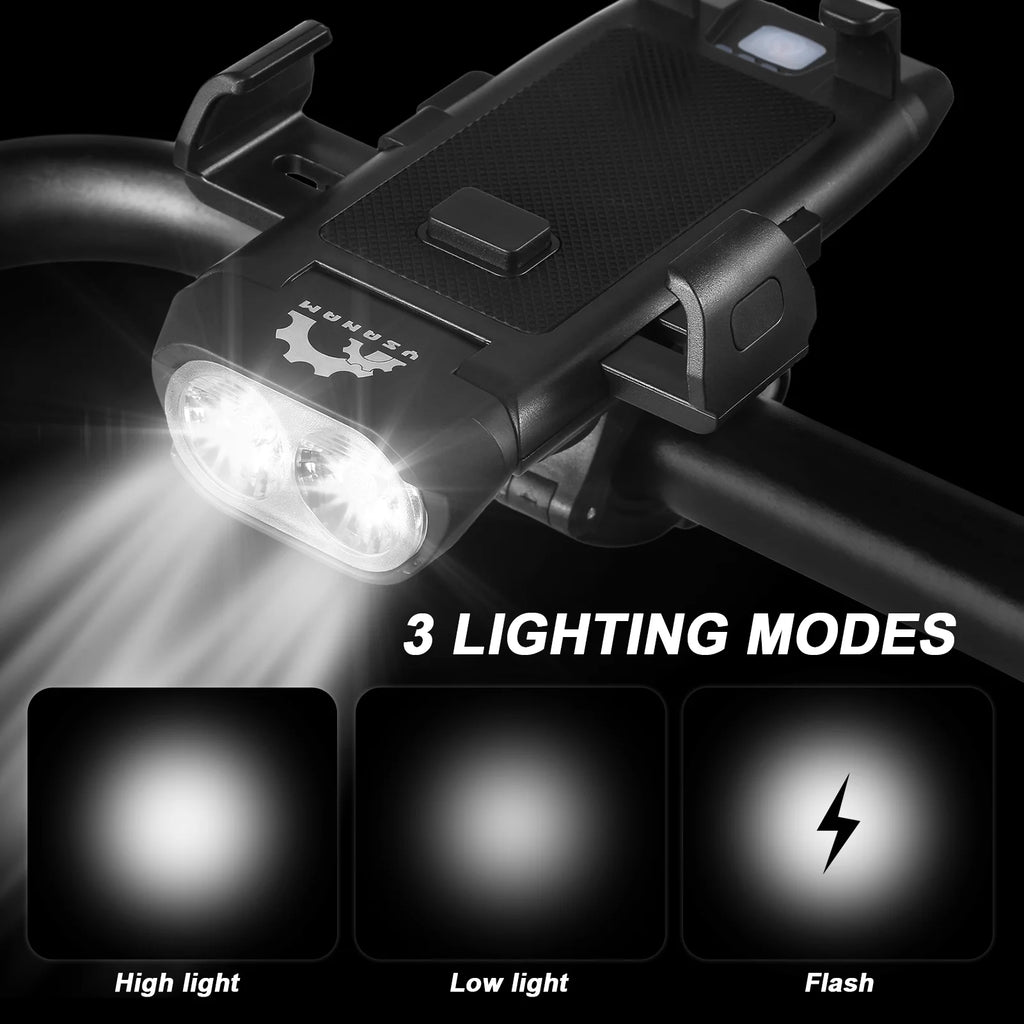 Bike Light Set Front Rear USB Rechargeable Waterproof LED Headlight with Phone Holder Horn T5243
