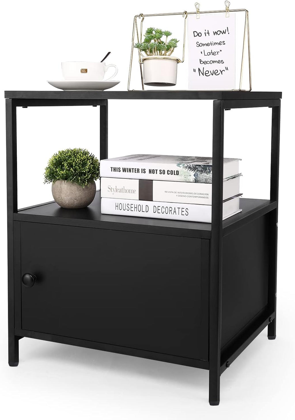 Black Wooden Nightstand with Storage Cabinet and Open Shelf P387625