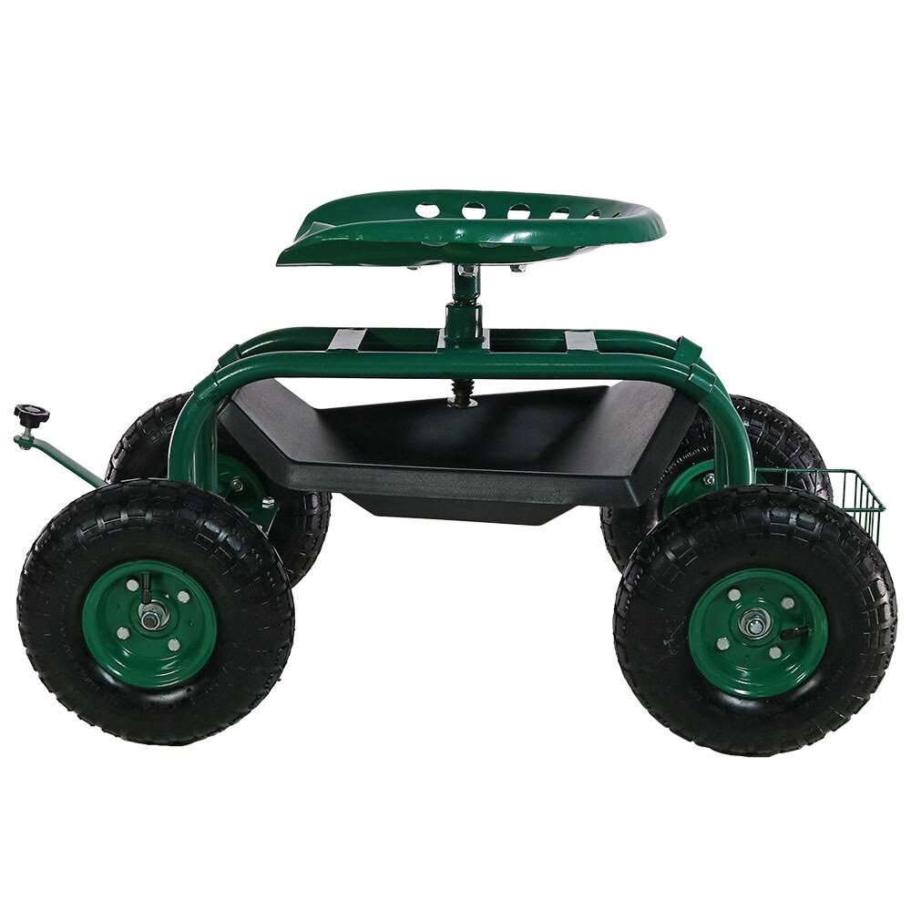 Green Rolling Garden Cart with Steering Handle, Swivel Seat & Basket K525