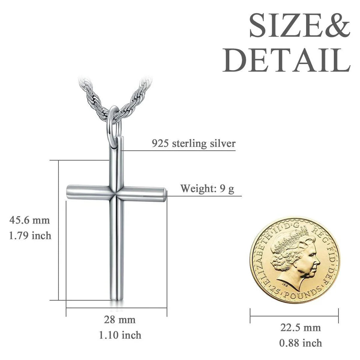 Sterling Silver Cross Pendant Necklace Cuban Chain Necklace Rope Chain Necklace B34407