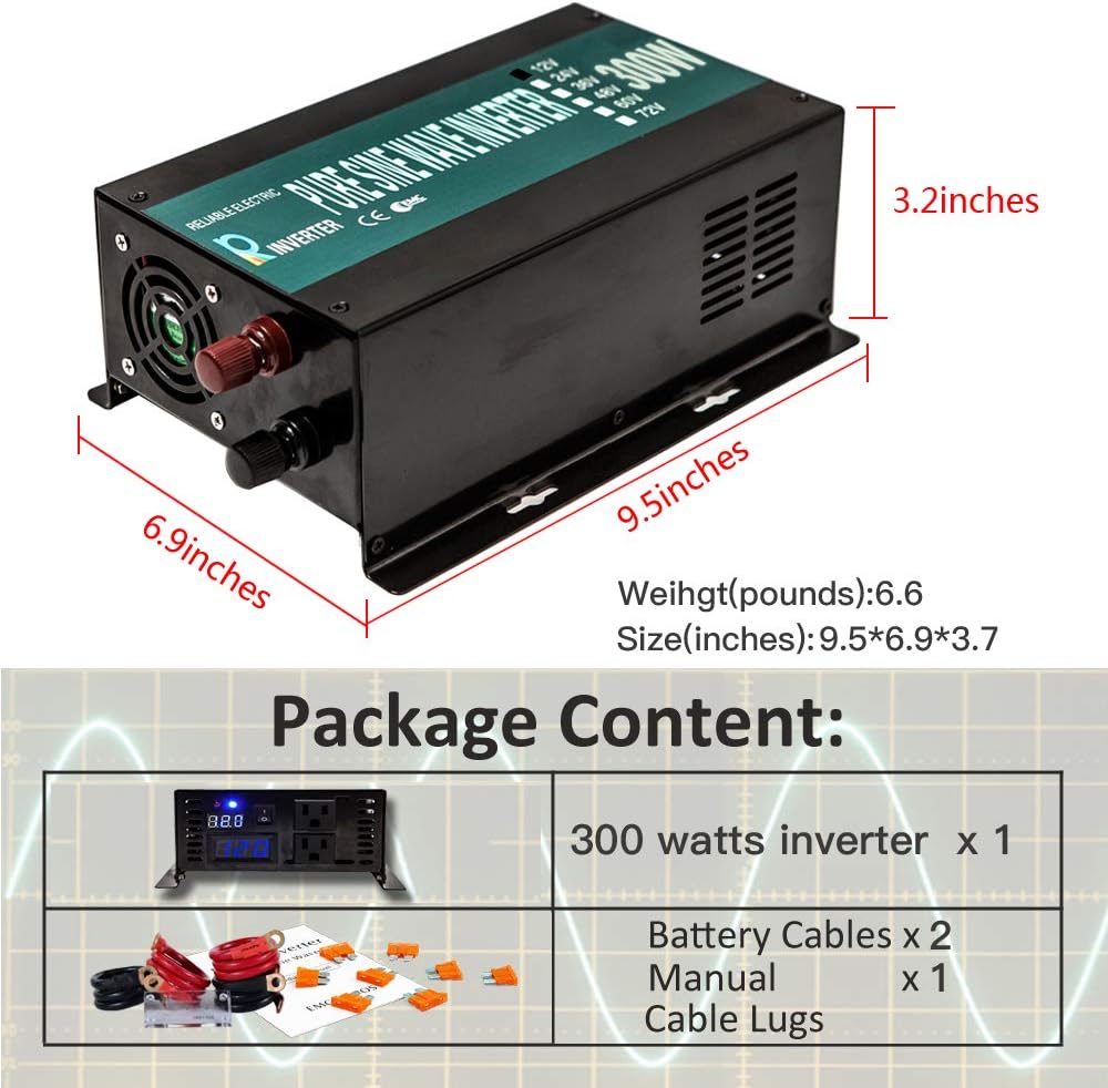 300W Pure Sine Wave Car Power Inverter 24VDC Black X6620