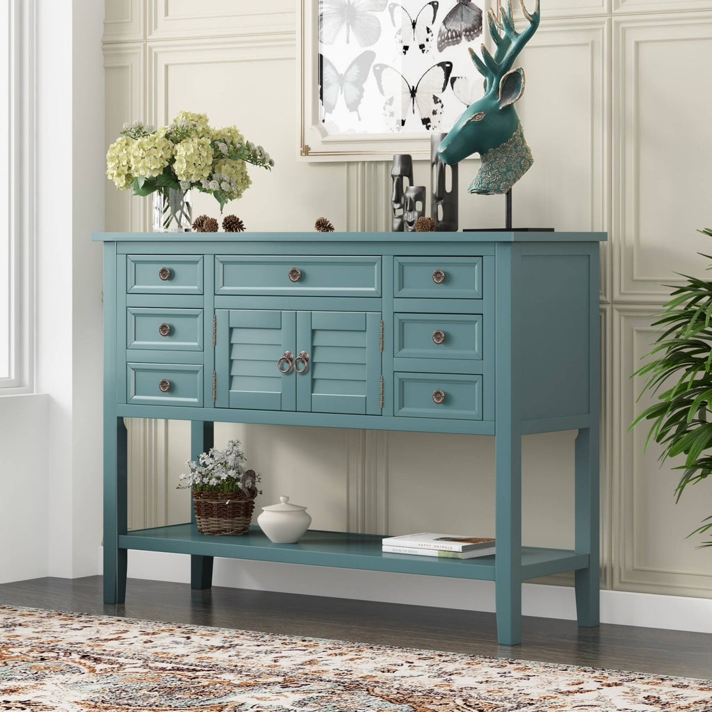 Green 7 Drawer Console Table with Cabinet E2802