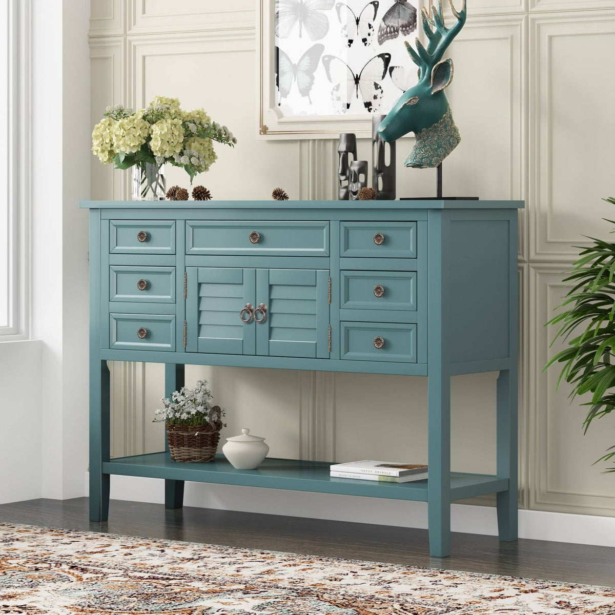 Green 7 Drawer Console Table with Cabinet E2802