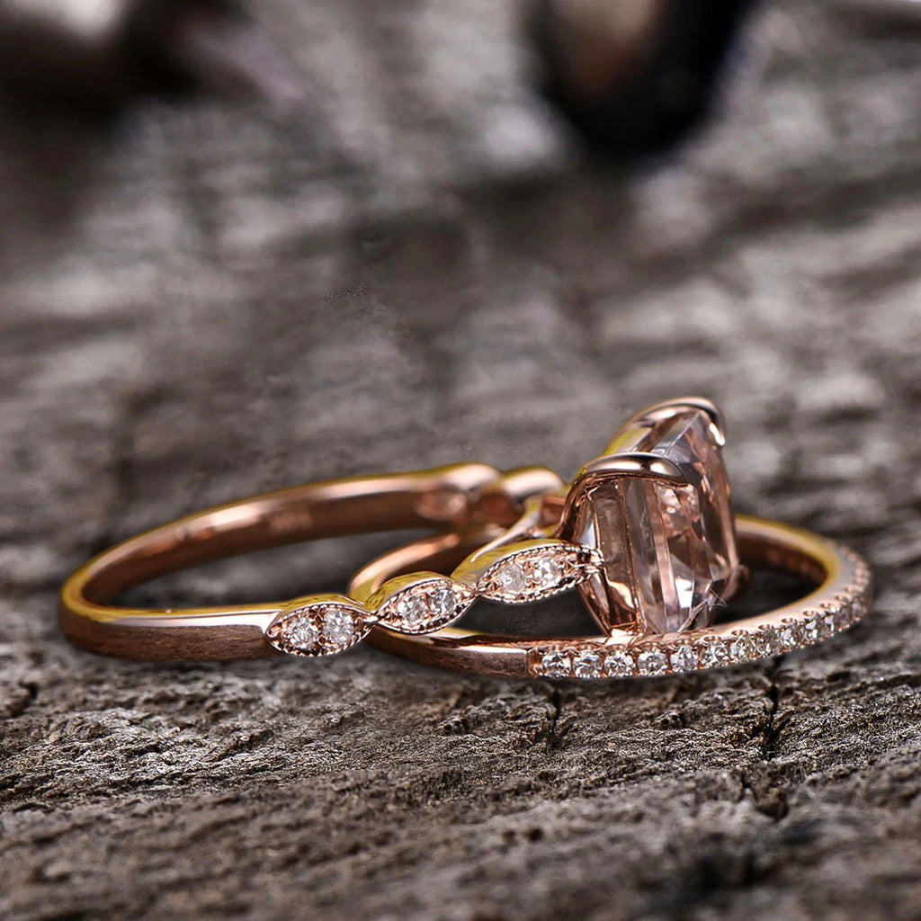 10k Rose Gold Morganite Diamond Moissanite Wedding Set L17285