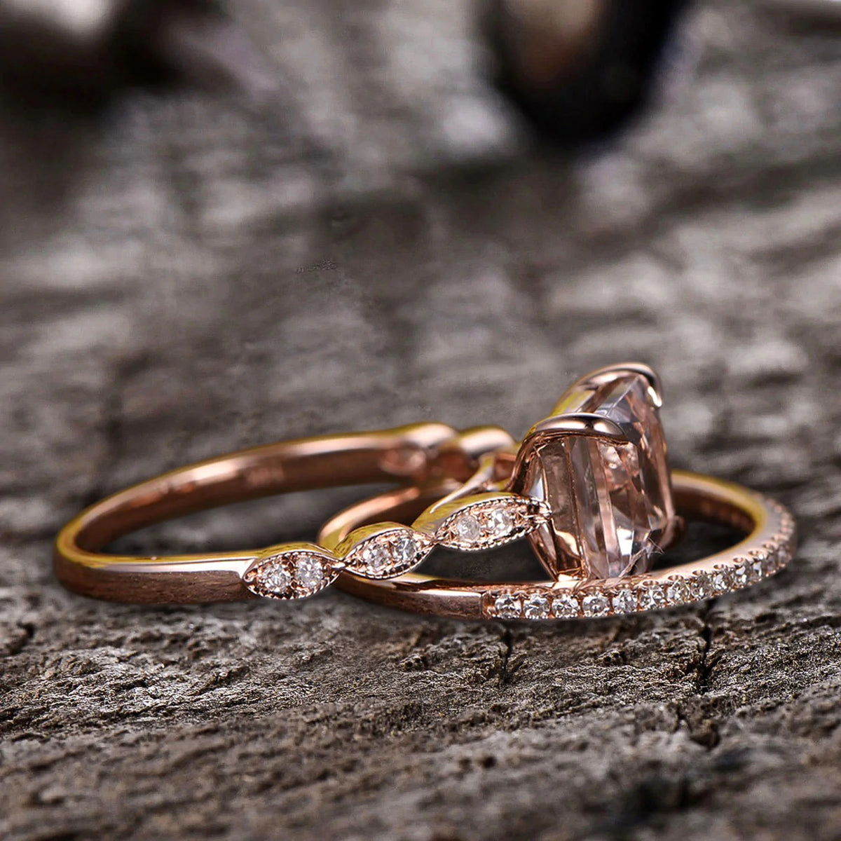 10k Rose Gold Morganite Diamond Moissanite Wedding Set L17285
