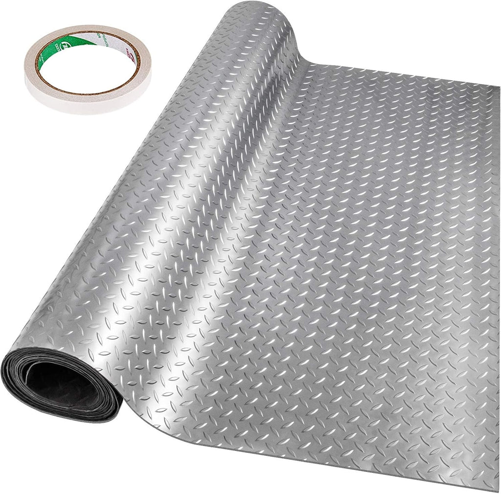 Vinyl Garage Floor Mat 4.9x13ft Anti-Slide Diamond Texture Silver PVC Garage Flooring Roll D815