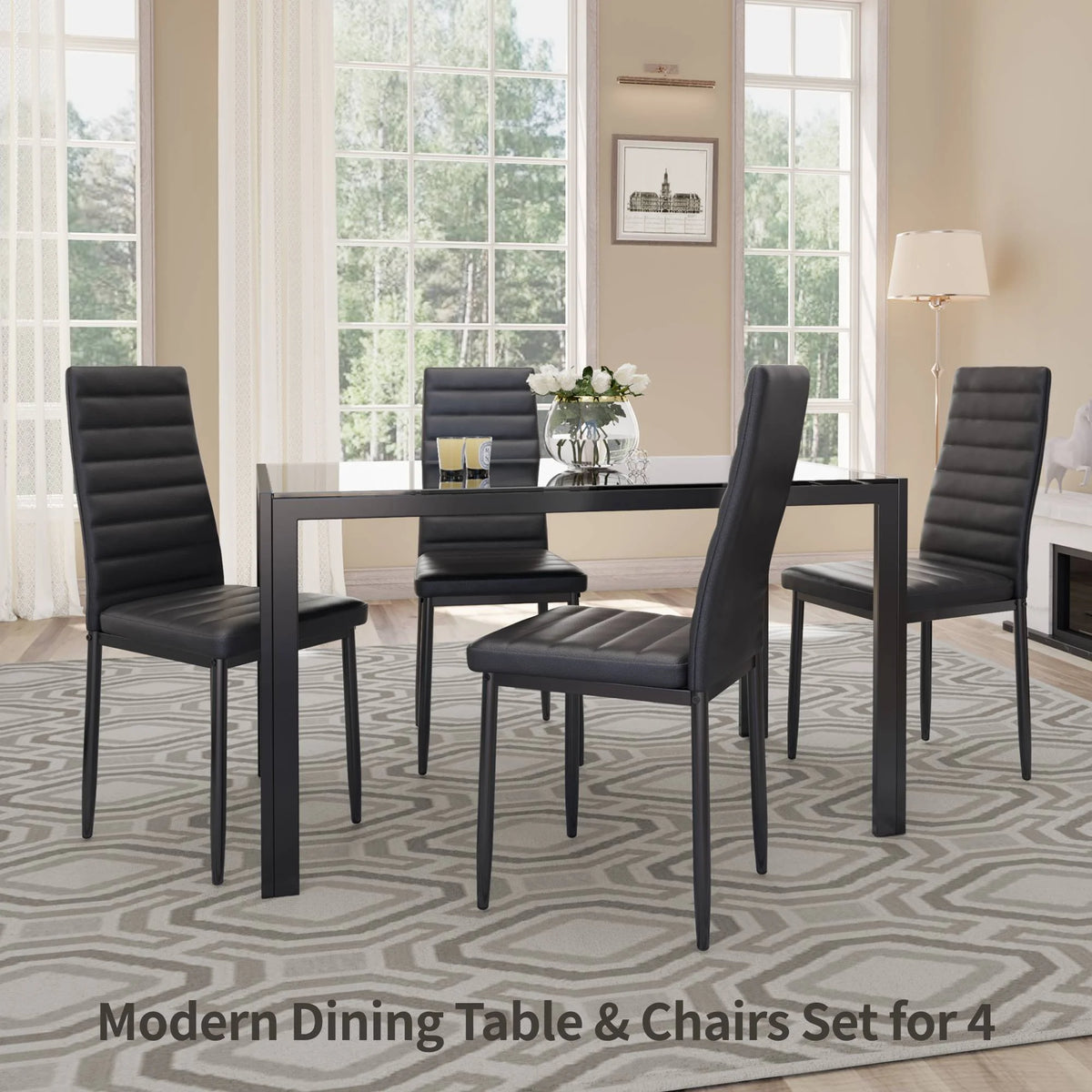 Black 5-Piece Rectangular Kitchen Dining Table Set F10952