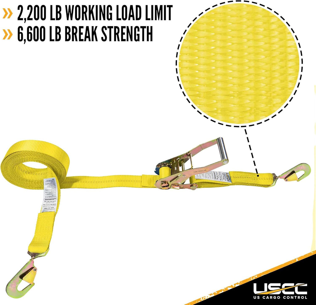 2 Pack Yellow 2 Inch x 20 Foot Ratchet Straps with Snap Hook K104101