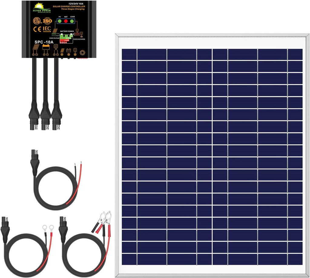20W Poly Crystalline 12V Solar Panel Kit with 10A Charge Controller and 3-PCS SAE Cable Adapters R17871