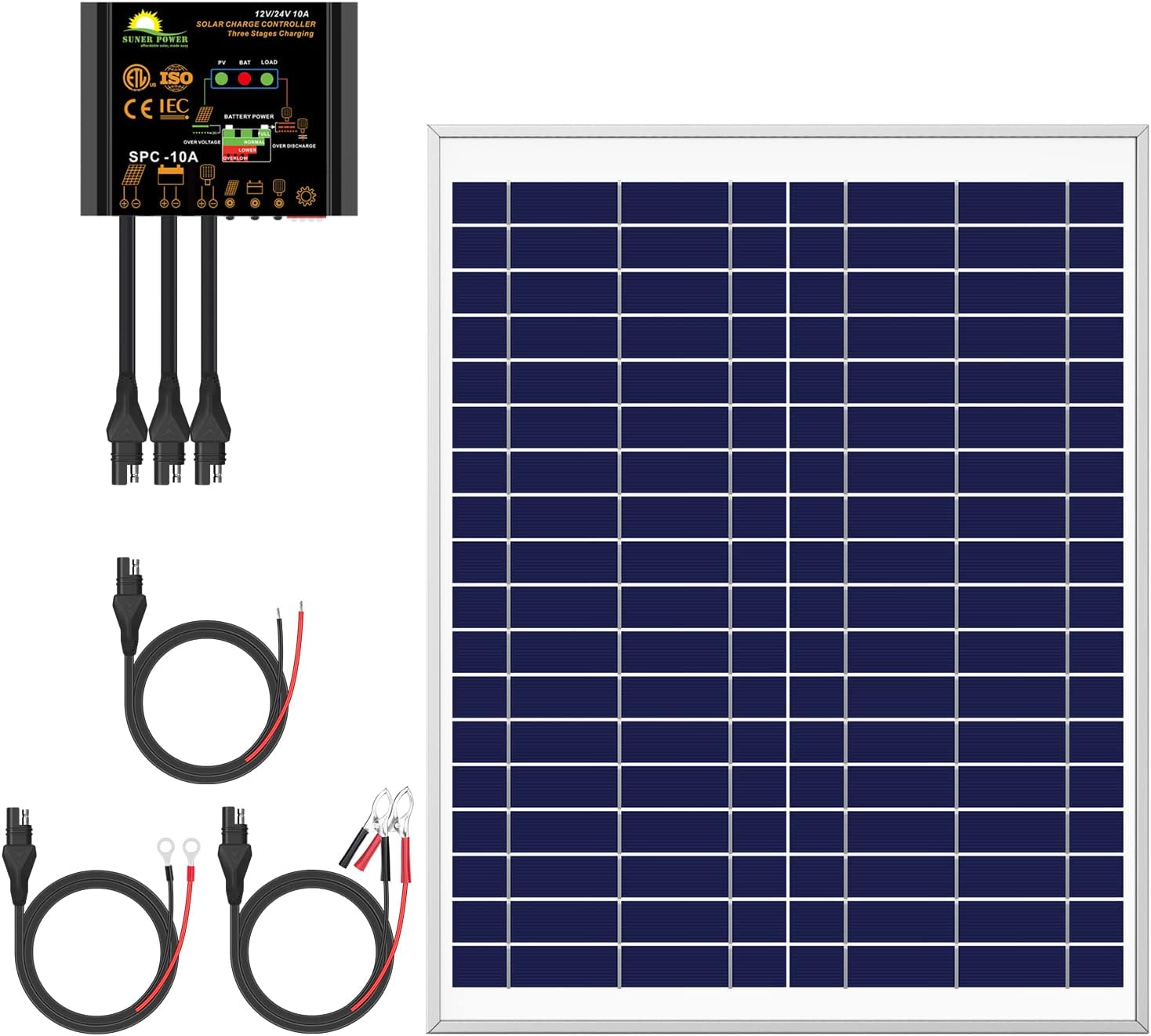 20W Poly Crystalline 12V Solar Panel Kit with 10A Charge Controller and 3-PCS SAE Cable Adapters R17871