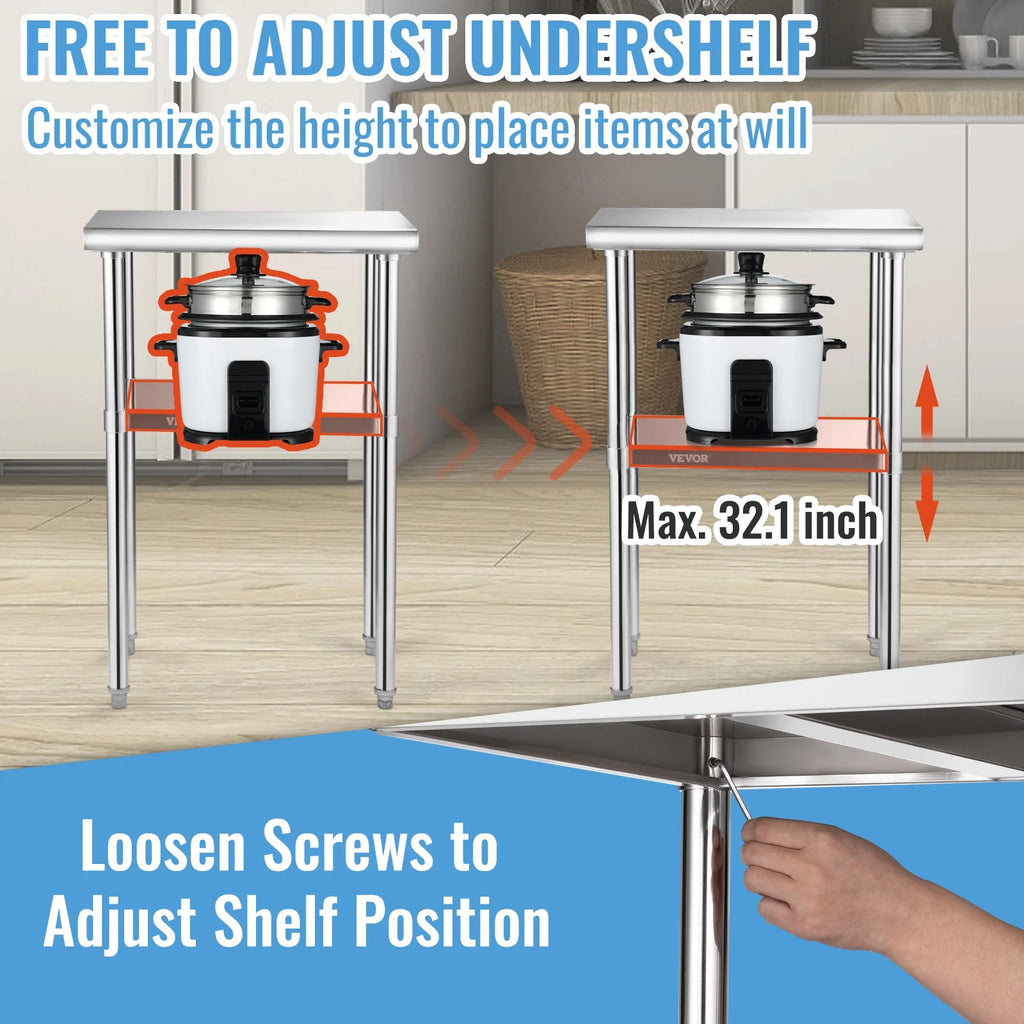Stainless Steel Prep Table with Adjustable Undershelf T7583