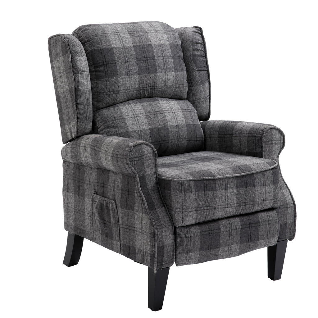 Gray Check Upholstered Recliner Chair with Adjustable Footrest and Side Pocket C748