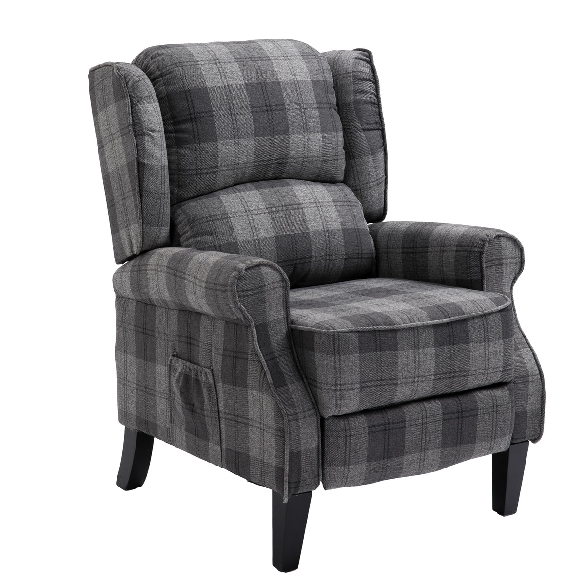 Gray Check Upholstered Recliner Chair with Adjustable Footrest and Side Pocket C748