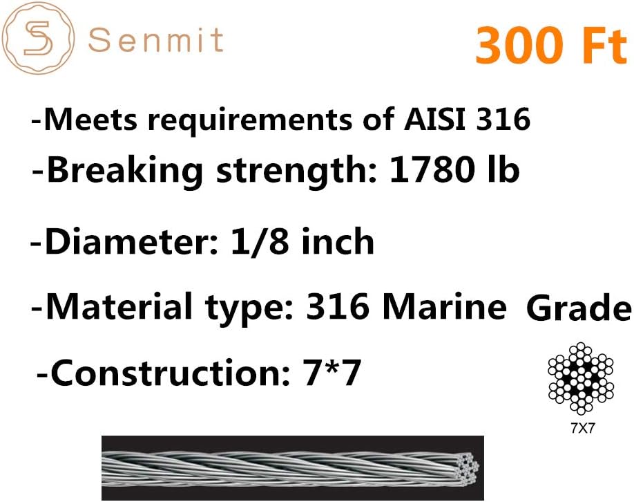 1/8 Stainless Steel Aircraft Wire Rope 200 Feet T 316 Marine Grade E459