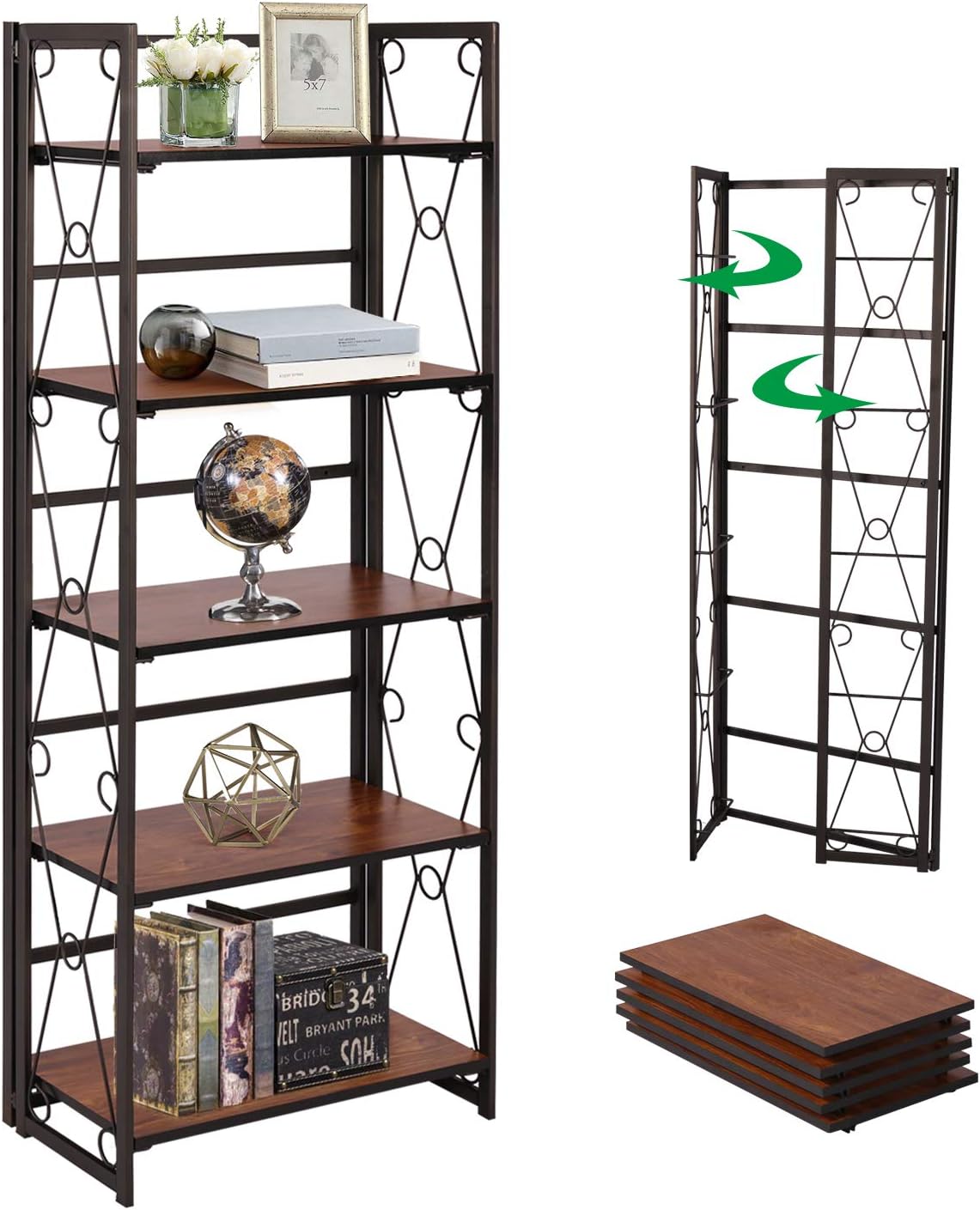 5 Shelf Folding Metal Bookshelf, Set of 2, Dark Brown O269