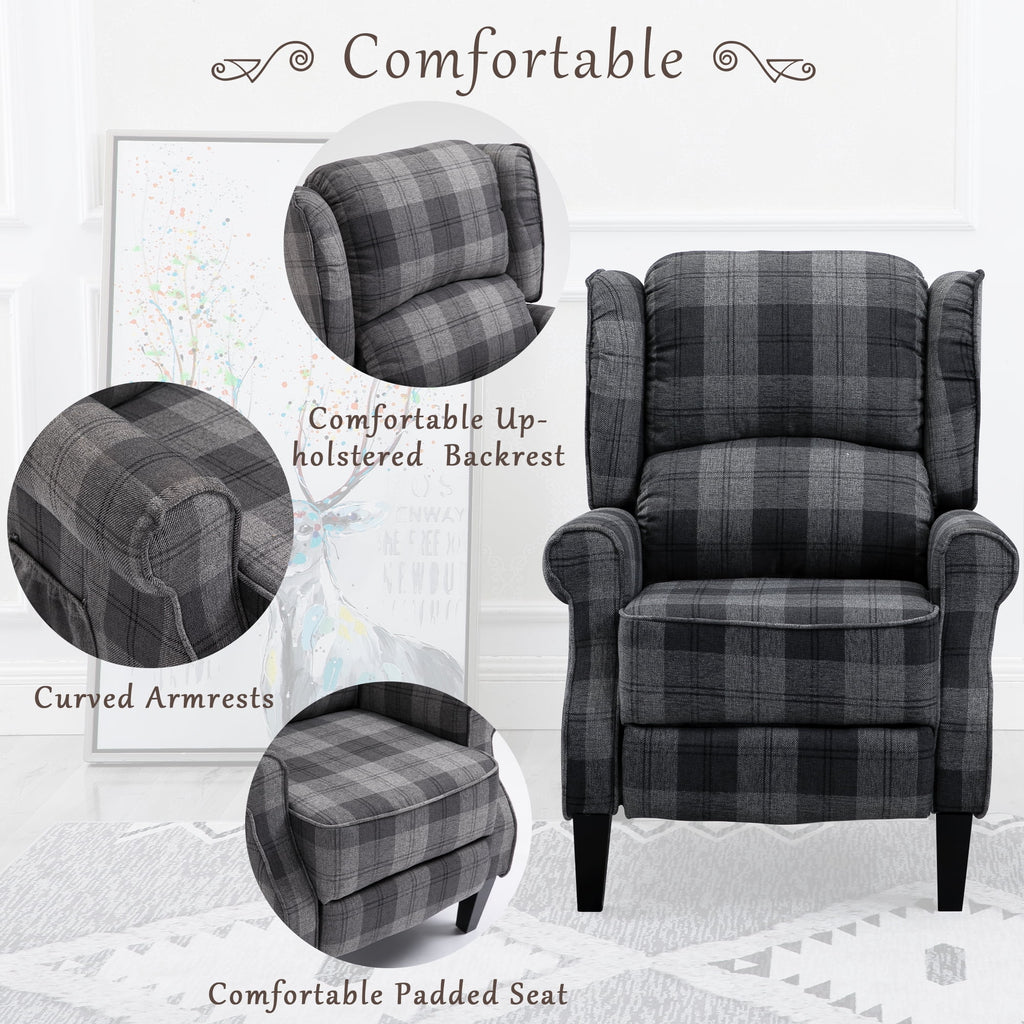 Gray Check Upholstered Recliner Chair with Adjustable Footrest and Side Pocket C748