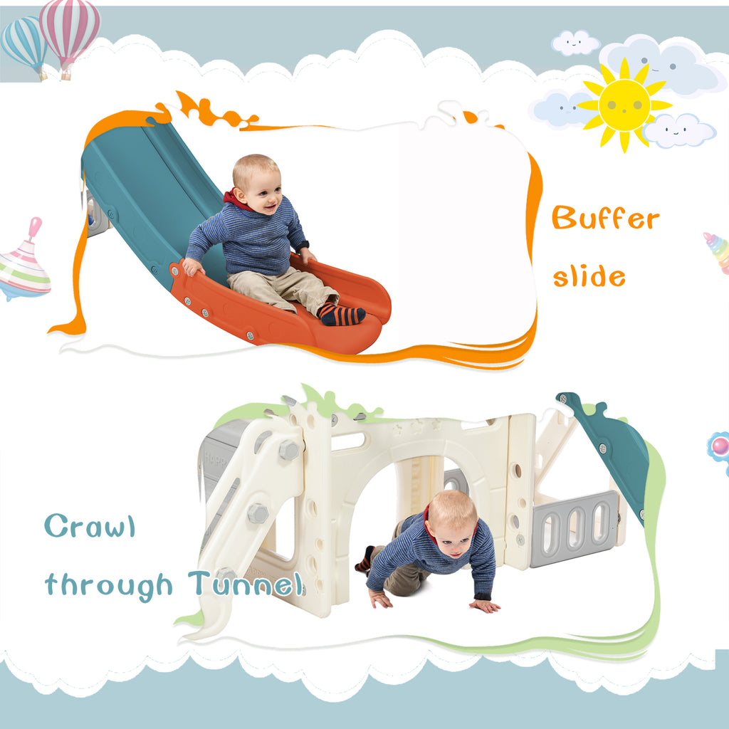 Freestanding Castle Climbing Crawling Playhouse, 7-in-1 Playset, Blue, 72" x 60.2" x 47" X4432