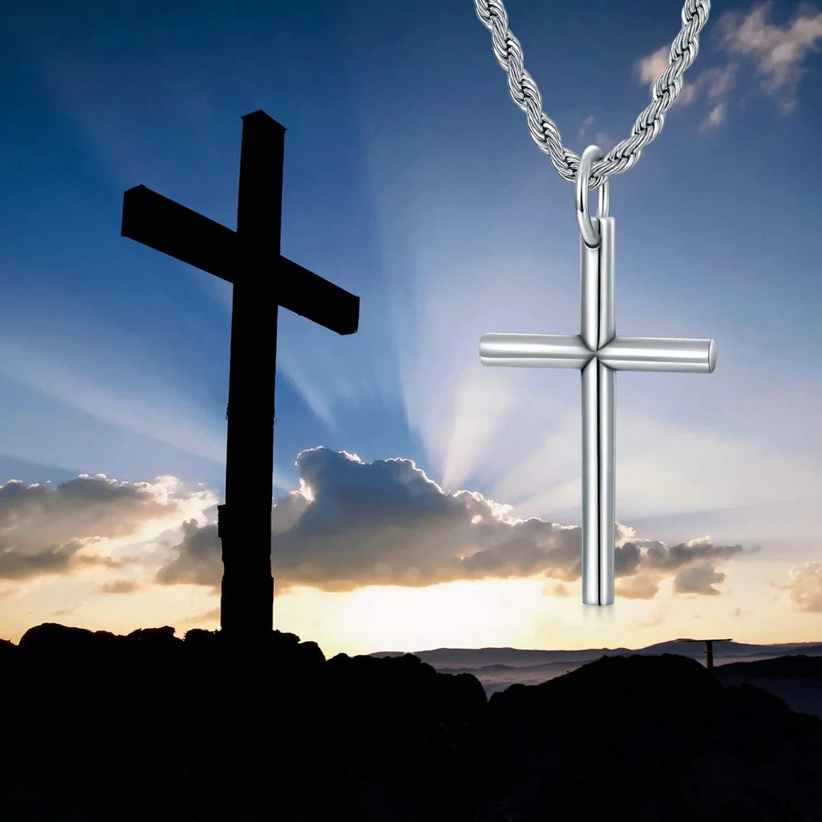 Sterling Silver Cross Pendant Necklace Cuban Chain Necklace Rope Chain Necklace B34407