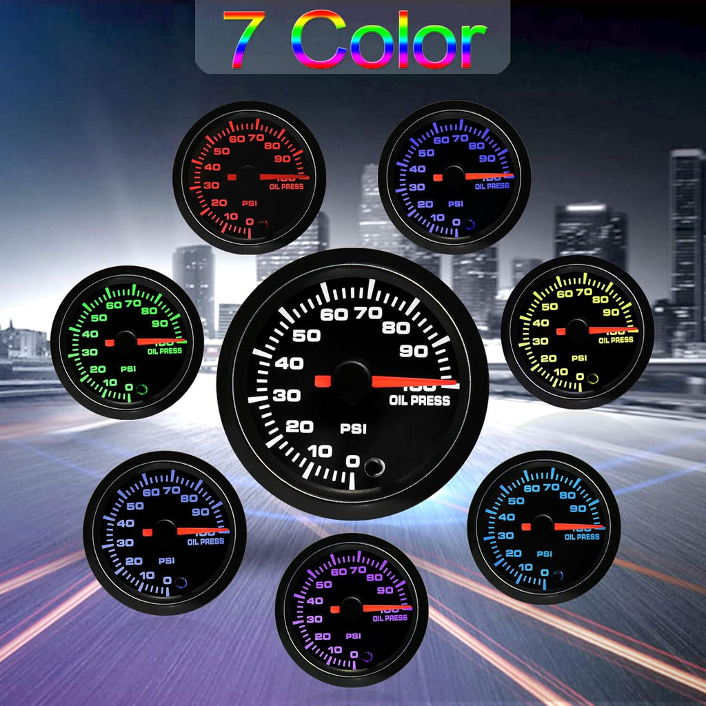 7 Color 100 PSI Oil Pressure Gauge Kit 52mm with Pressure Sensor Pack of 2 P80564