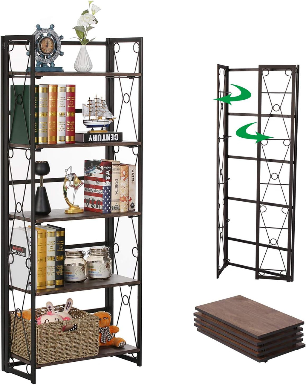 5 Shelf Folding Metal Bookshelf, Set of 2, Dark Brown O269