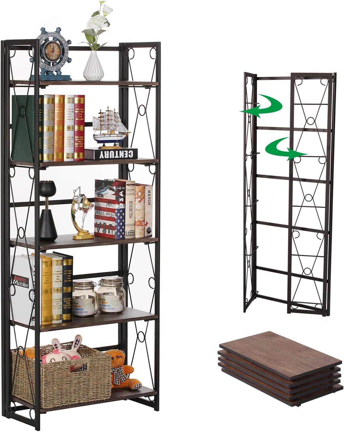 5 Shelf Folding Metal Bookshelf, Set of 2, Dark Brown O269