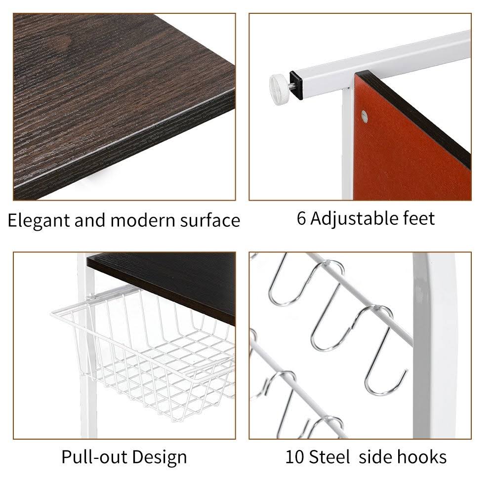 4-Tier Kitchen Baker's Rack Storage Shelf with 10 Hooks Deep Brown S750