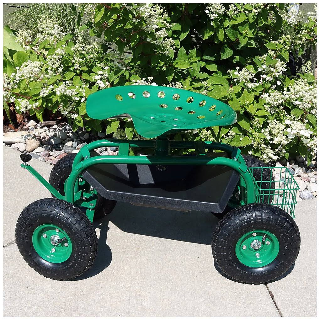 Green Rolling Garden Cart with Steering Handle, Swivel Seat & Basket K525