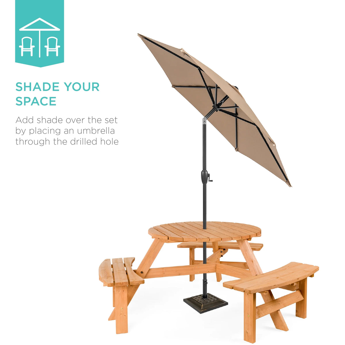 6-Person Circular Wooden Picnic Table with 3 Built-In Benches M146852