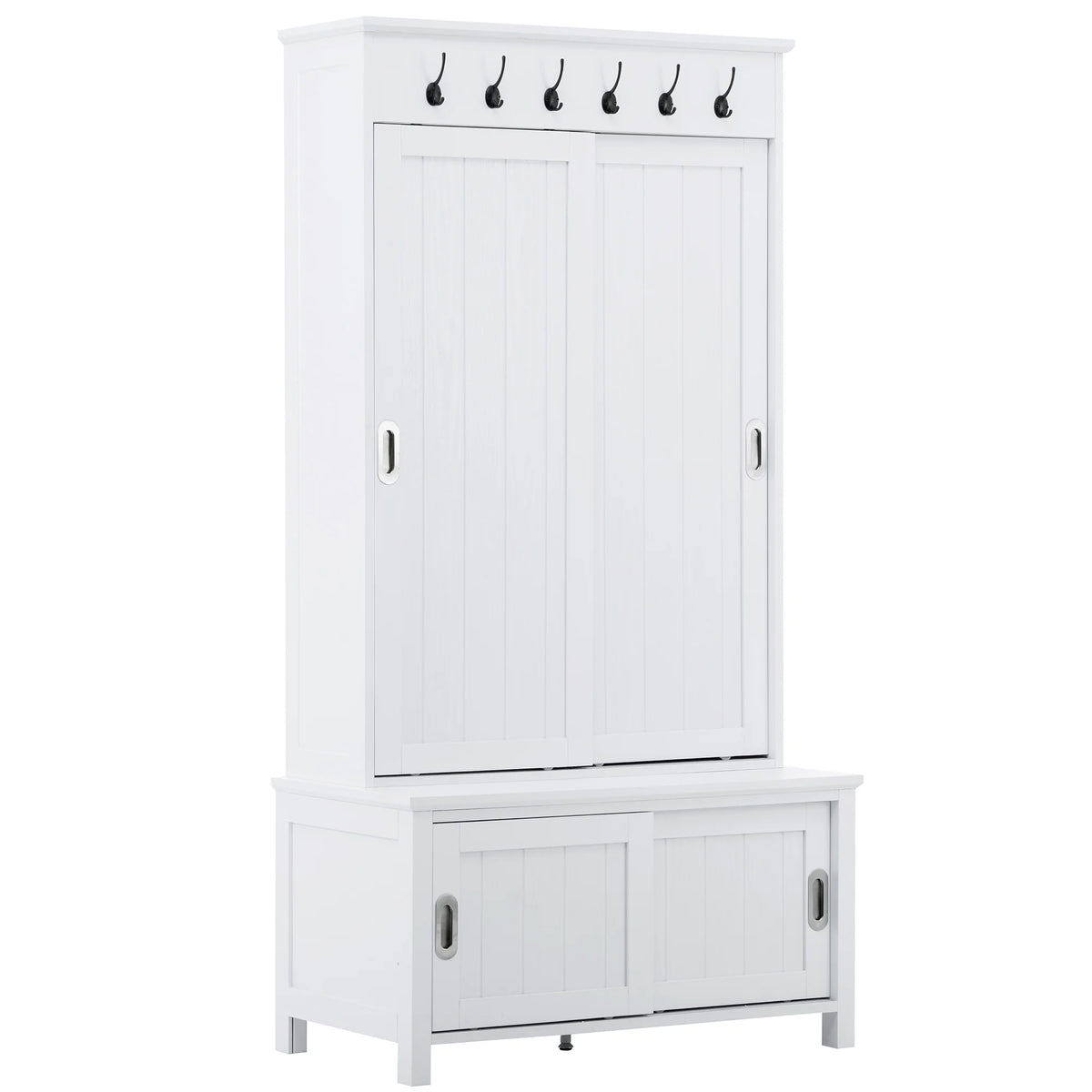 White Wooden Hall Tree with Sliding Doors and Storage Bench S11197