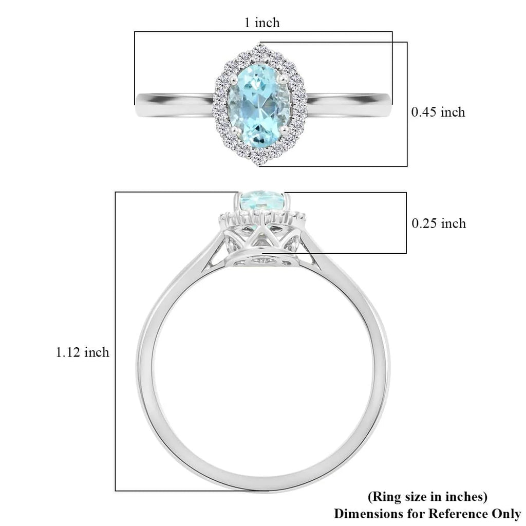 Oval Blue Aquamarine White Diamond 18K White Gold Halo Ring Size 7 Ct 0.85 G-H Color Si1 Clarity O1796