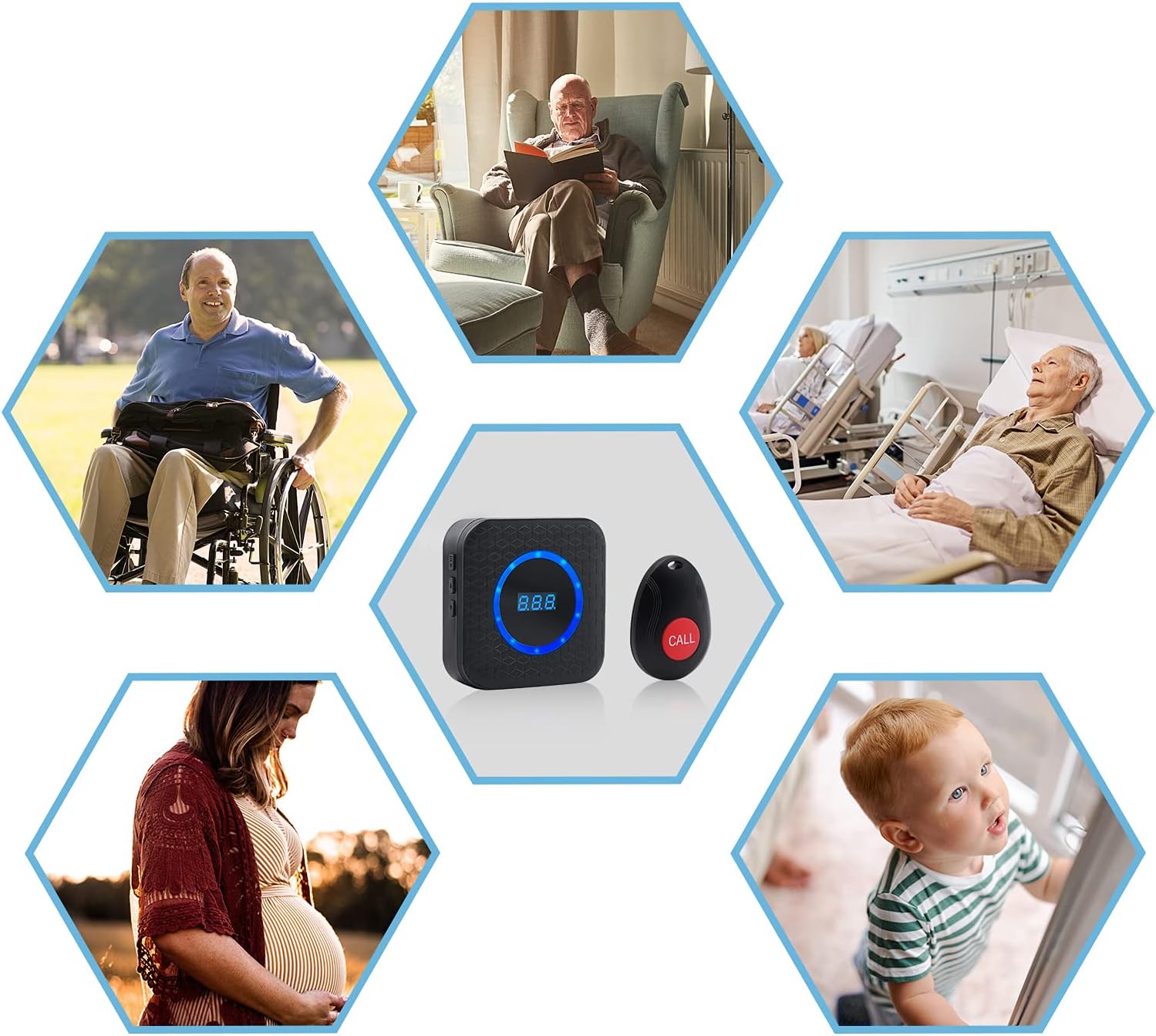 Wireless Call Button Nurse Alert System with 2 Number Display Plug-in Receiver, 5 Waterproof Transmitters K111