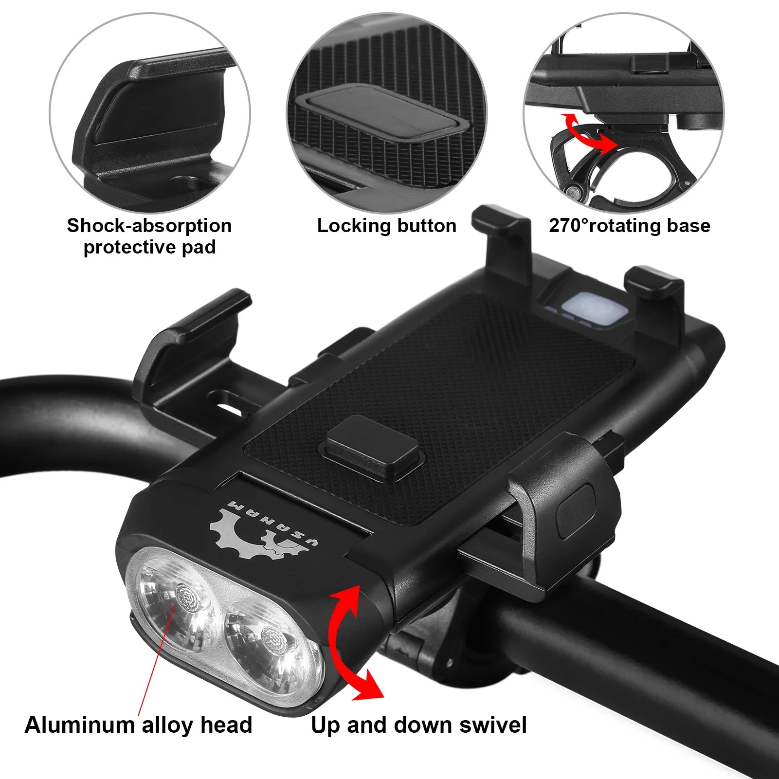Bike Light Set Front Rear USB Rechargeable Waterproof LED Headlight with Phone Holder Horn T5243