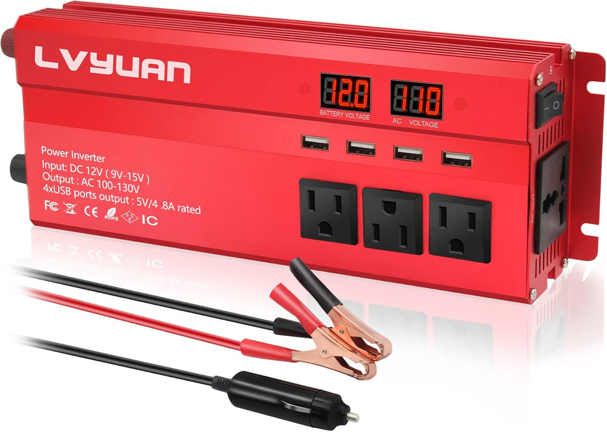 1000W Car Power Inverter DC 12V to 110V AC with 4 Outlets, 4 USB Ports, Red Pack of 2 H477488
