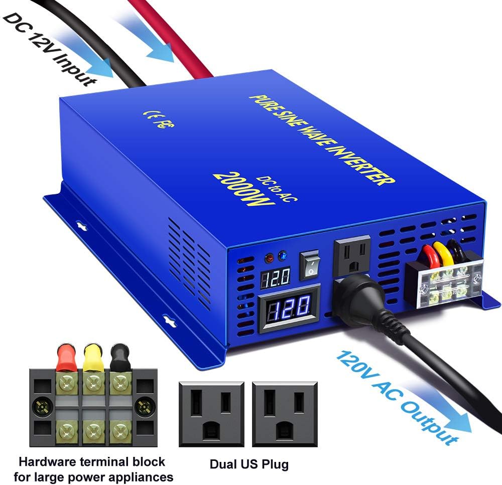 2000W Pure Sine Wave Power Inverter 12V to 120V AC with LED Display N173071