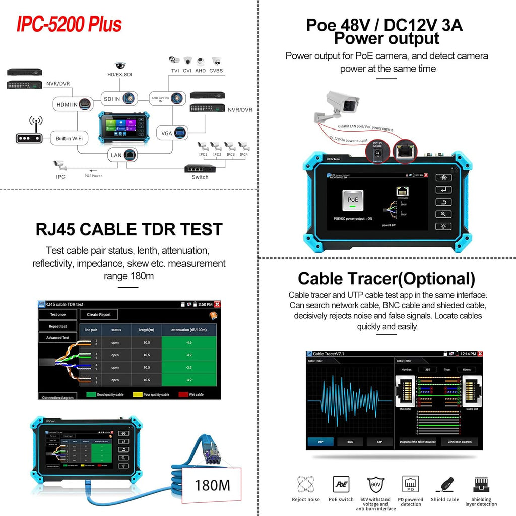 IPC Camera Tester 8MP AHD CVI TVI SDI CVBS IP Camera Test 4K HD Display 5inch IPS Touch Screen Support POE PTZ WiFi RS485 HDMI & VGA Input DC12V Output B61019